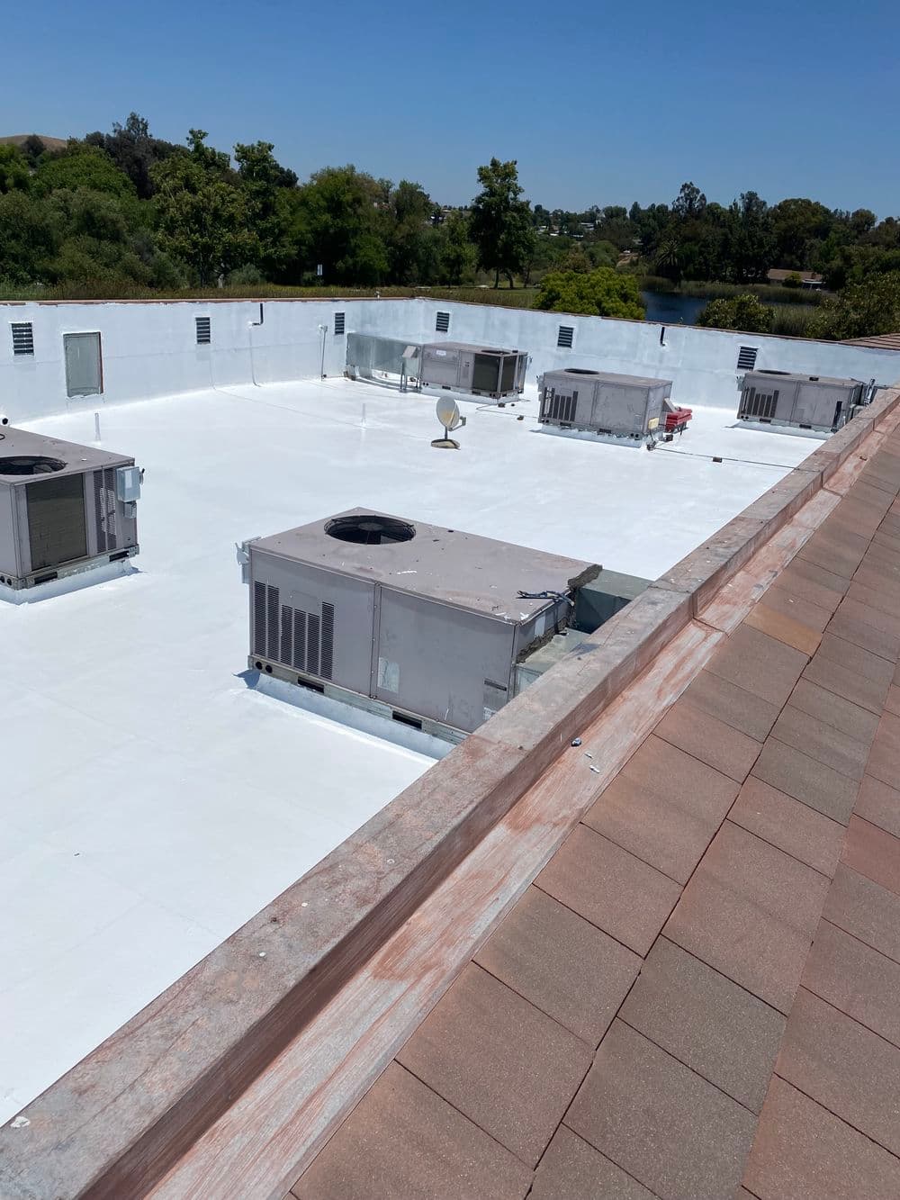Roof with multiple HVAC units and a white reflective coating under clear blue sky.